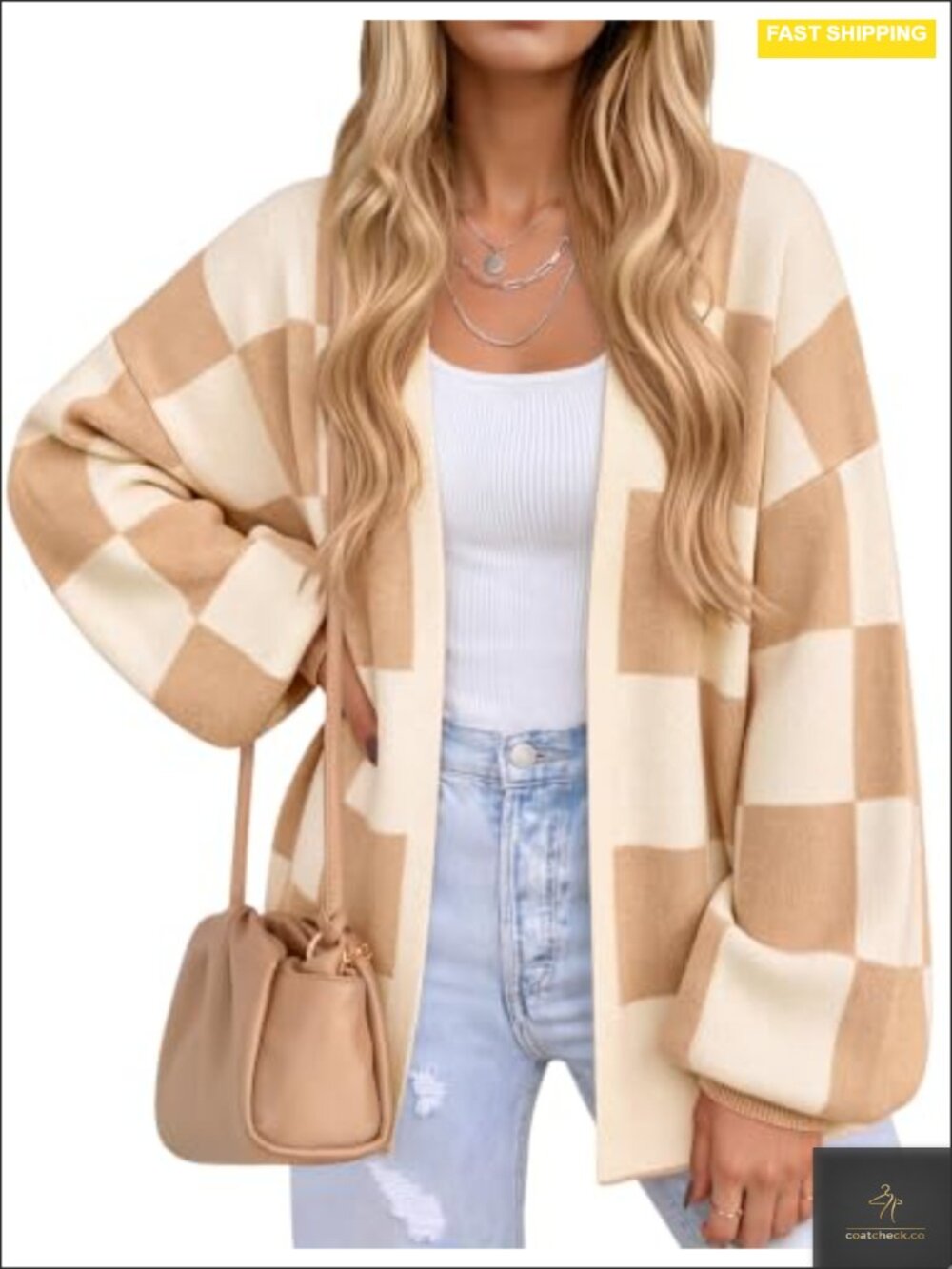 Womens Oversized Plaid Open Front Knit Cardigan with V-Neck Long Sleeve